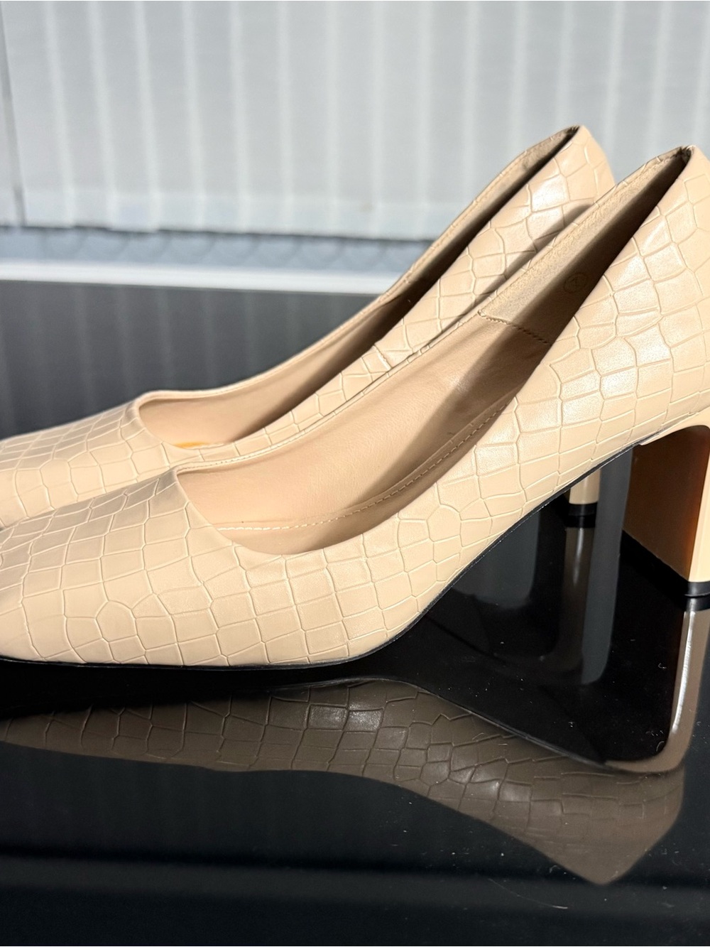 Croc-Embossed Block Heel Pumps in Cream